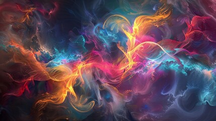 Abstract Swirls of Colorful Smoke Art A vibrant abstract image featuring intertwining swirls of colorful smoke, creating a dynamic and fluid art piece.

 - obrazy, fototapety, plakaty