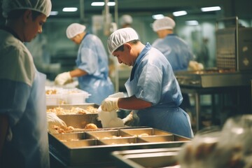Dedicated workers in a food processing plant focused on quality control.
