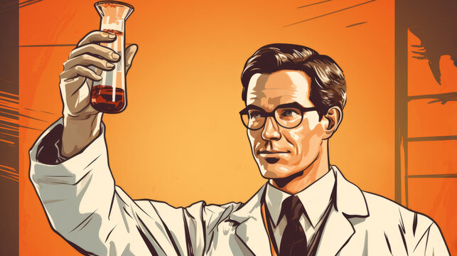 Retro styled illustration of a scientist holding a test tube with a laboratory backdrop