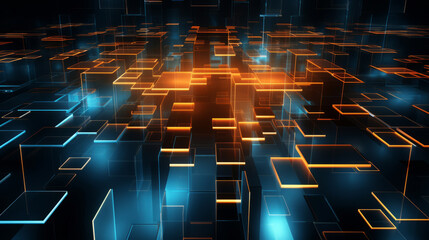 Obraz premium Futuristic digital blocks and lines floating in cyberspace with glowing edges