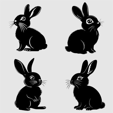 Silhouettes of rabbits isolated on a white background. Set of different rabbit silhouettes for design use.