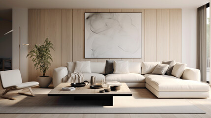 Fototapeta na wymiar A modern Scandinavian living room with a sleek and streamlined design, featuring a modular sofa, a statement coffee table, and a large abstract artwork on the wall.