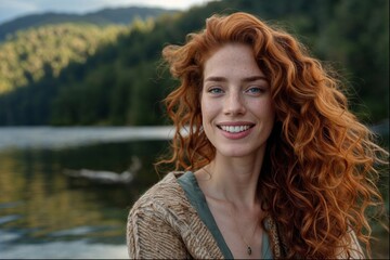 Happy redhead woman with tousled hair by a lake