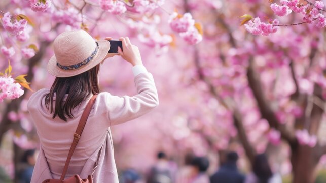 Tourist Asian woman taking pictures in a cherry blossom garden on a spring day in Kyoto Japan.