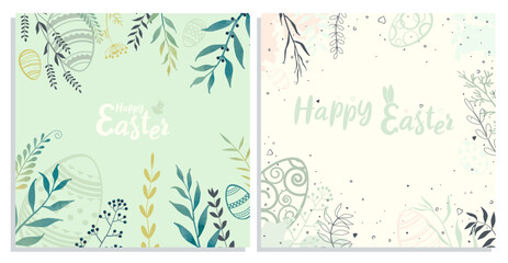 Easter eggs and plants on a light background. Two cards on a light yellow and green background. Happy Easter. Template for greeting card. Vector illustration.