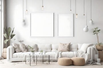 Mockup frame in white cozy living room interior background, 3d render
