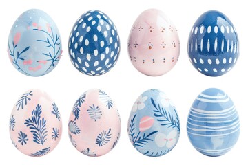 Easter eggs with decorative floral, colorful, pastel, dots and line patterns on a white background