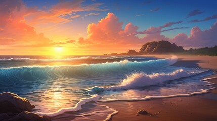 A realistic digital illustration of a sandy beach at sunset, with the waves gently lapping the shore and the sun setting on the horizon, creating a picturesque background - obrazy, fototapety, plakaty