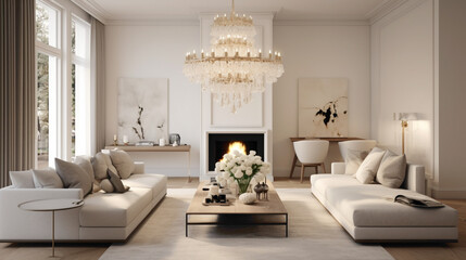 A modern Scandinavian living room with a statement chandelier, adding a touch of elegance to the clean and simple design
