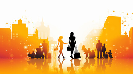 Silhouetted people in a vibrant urban scene with sparkling stars and buildings