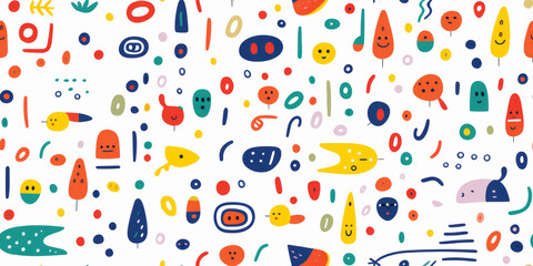 Colorful abstract seamless pattern with playful shapes and doodles