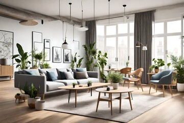Modern Living Room Interior With Sofa, Armchair, Houseplants, Dining Table And Open Plan Kitchen