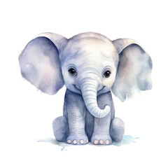 Adorable watercolor baby elephant sitting isolated on white background