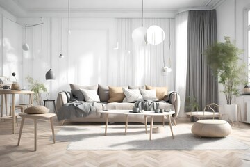 Scandinavian style designed living room interior scene on cloudy weather. ( 3d render )
