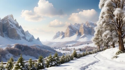 Imagine a beautiful and charming scene with a valley in the background, with a layer of snow covering the ground and cones hanging from the branches of trees