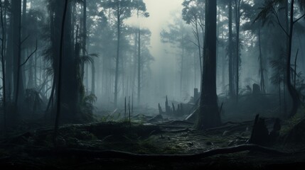 A realistic digital rendering of a misty forest enveloped in morning fog, with towering trees and an enchanting atmosphere, offering a mysterious and immersive background - obrazy, fototapety, plakaty