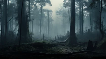 Foto op Plexiglas A realistic digital rendering of a misty forest enveloped in morning fog, with towering trees and an enchanting atmosphere, offering a mysterious and immersive background © fajar