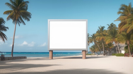 Empty billboard on a sunny tropical beach with palm trees and clear blue sky