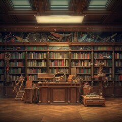 a 3d model of a library with lots of books and a desk,generated bi AI