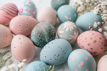 Fototapeta na wymiar Colorful Easter eggs featuring decorative floral, pastel dots, and line patterns, all on a white background.