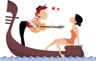 Man with guitar and woman ride on gondola.  Singing man with guitar and happy young woman ride on gondola. Heart symbol. Isolated on white background  © bigmen
