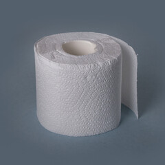 a roll of white perforated toilet paper, isolate on a blue background