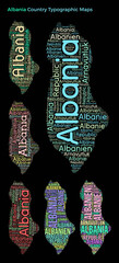 Albania. Set of typography style country illustrations. Albania map shape build of horizontal and vertical country names. Vector illustration.