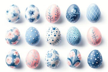 Colorful Easter eggs featuring decorative floral, pastel dots, and line patterns, all on a white background.