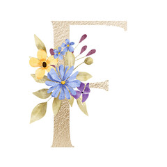Gold letter F with watercolor flowers and leaves. Floral alphabet, monogram initials perfectly for birthday, wedding invitations, greeting card, logo, poster and other design. Hand painting.