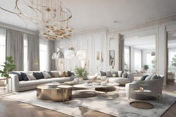 3D Rendering of large and full Furnished living Room. Computer generated image of a luxurious and modern living room interiors.