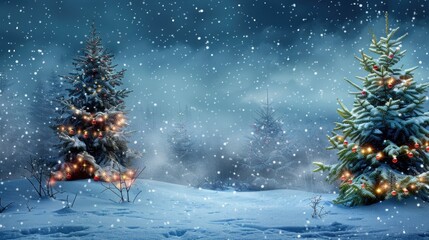 Illuminated christmas trees with red and golden garlands into a forest with snowy flakes with shape of stars close to xmas gifts in red boxes , Generative AI illustration