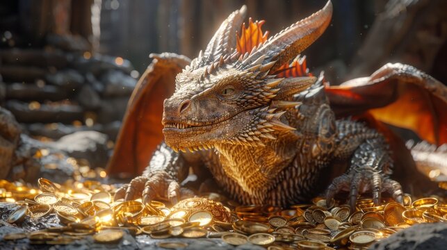 Dragon hoarding golden trophies and medals in its lair flames of ambition flickering