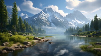 Naklejka na ściany i meble A realistic digital rendering of a pristine mountain lake surrounded by rocky cliffs and evergreen trees, creating a breathtaking and tranquil background