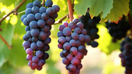 Fototapeta premium Ripe dark red or purple grapes close up. Grape vines in the orchard against the sun