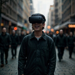 a man is wearing a VR headset and standing on a busy street.