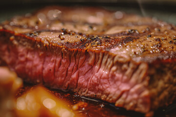 Grilled beef steak in a frying pan. Close-up.