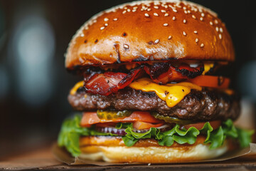 Closeup of tasty cheeseburger with beef, cheese and vegetables