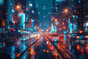 Futuristic cityscape and people concept with network connection. - obrazy, fototapety, plakaty