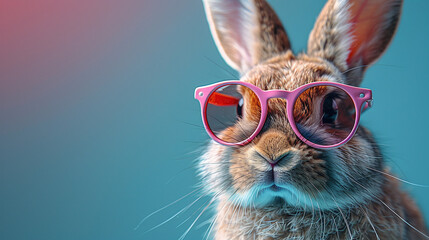 Easter bunny wearing stylish glasses on a purple blue background