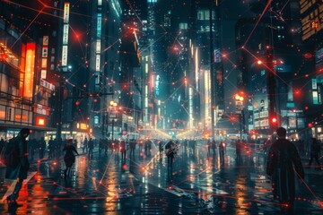 Fototapeta premium Futuristic cityscape and people concept with network connection.