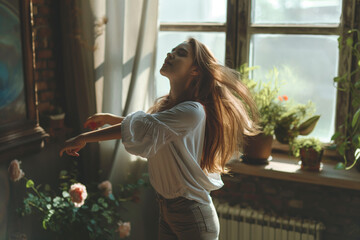 Fototapeta na wymiar Woman dancing at home.