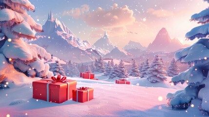 Decorated christmas trees with red garlands into a forest on a snowy sunrise close to xmas gifts in red boxes , Generative AI illustration
