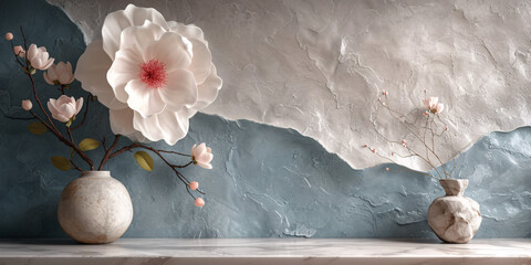 Nature’s Elegance in Home Decor: Blooming White Flower and Buds in Rustic Vases Against a Textured Wall