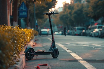 City scene with an electric scooter at rest, situated on the roadside