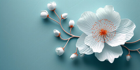 Obraz premium Delicate White Flower with Intricate Details Against a Soft Teal Background: A Symbol of Purity and Elegance