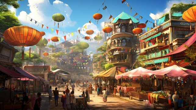 A realistic digital representation of a bustling street market with vendors, colorful umbrellas, and a lively atmosphere, creating a vibrant and culturally rich background