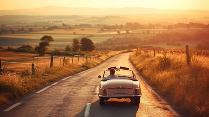 Sunset Road Trip in Classic Convertible - obrazy, fototapety, plakaty