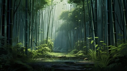 A realistic digital representation of a serene bamboo forest, with tall green stalks and a tranquil ambiance, offering a calming and natural background