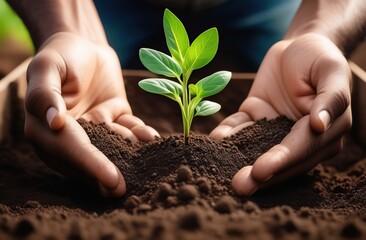 Human hands taking care of a seedling in the soil  - obrazy, fototapety, plakaty