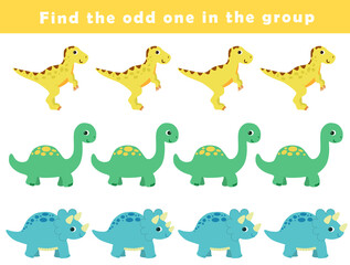 Naklejka premium Find the odd one out for toddlers. Spot the difference for kids. Educational quiz worksheet with cute dino illustration. Logical activity for children.